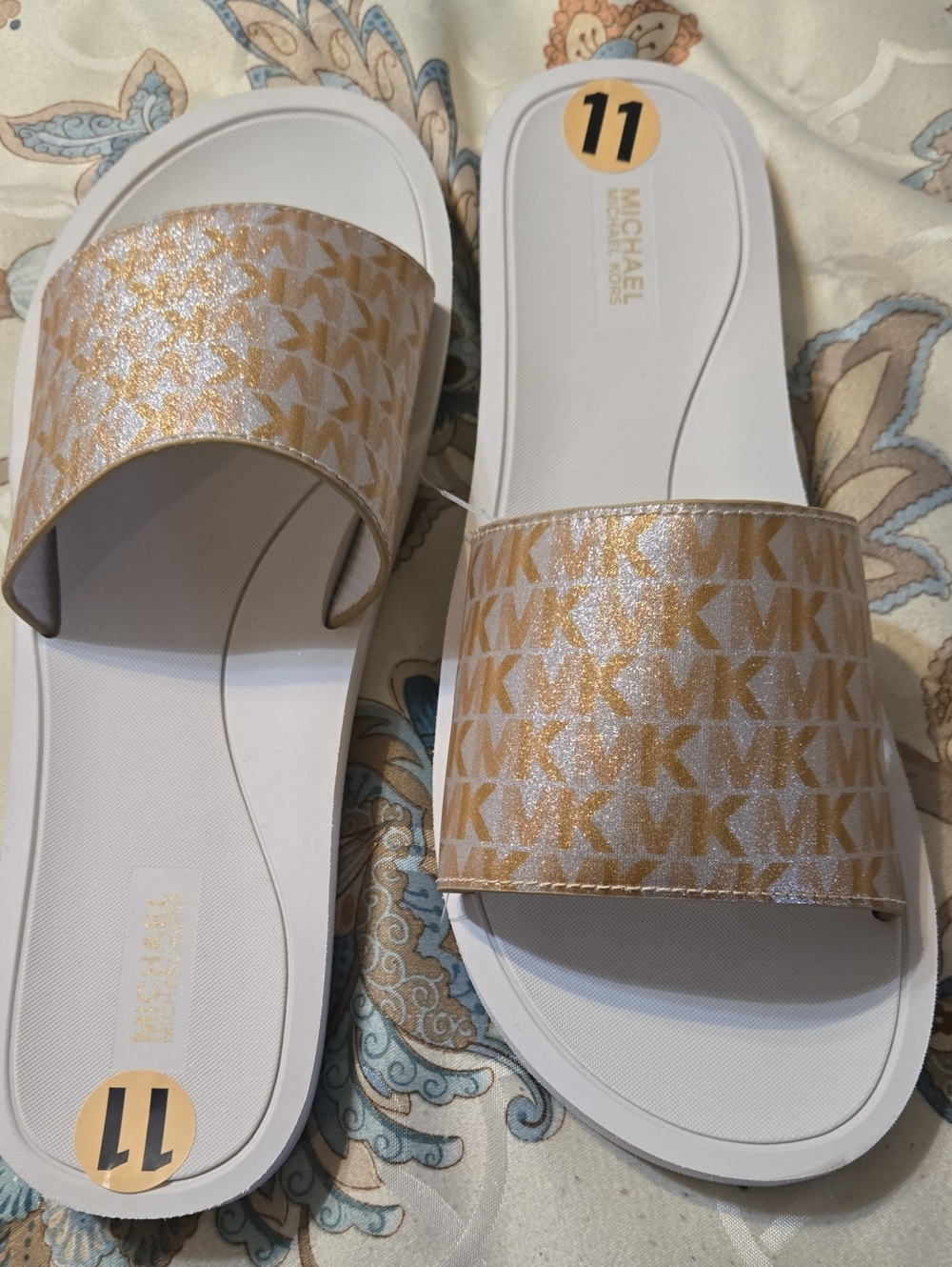 Michael Kors Silver and Gold MK Monogram Slide Sandals Sparkly Shoe